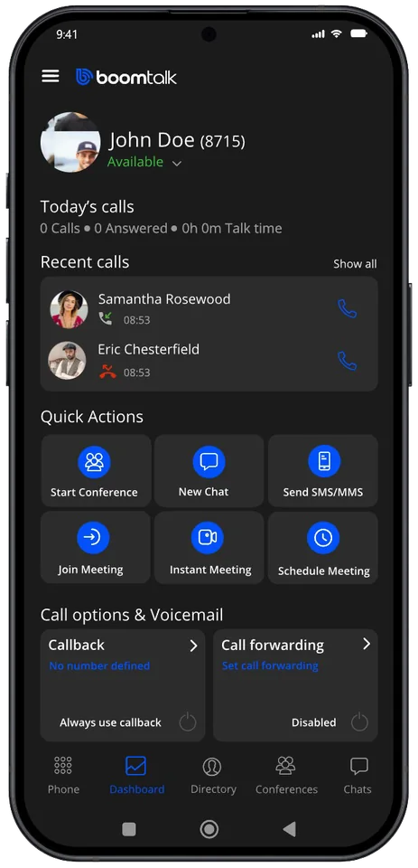 BoomTalk Communicator dashboard on a mobile phone showing recent calls, quick actions, and voicemail options
