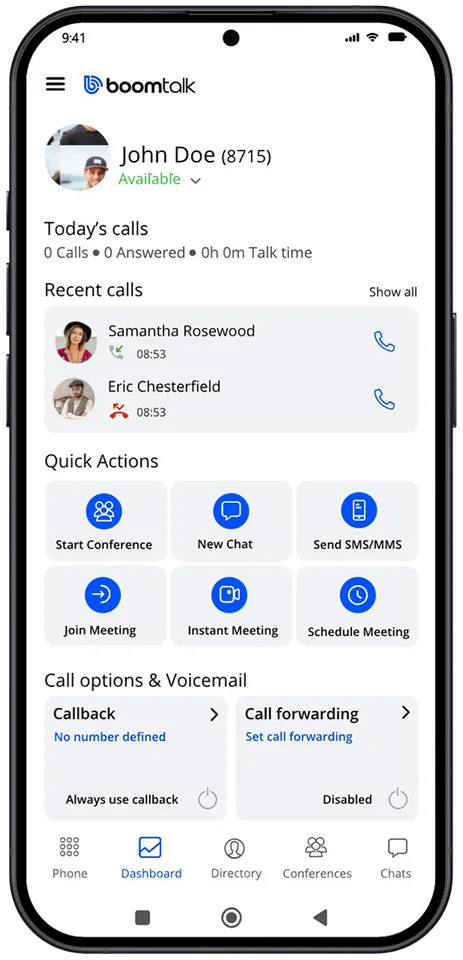 Communicator dashboard in light mode with today's call stats and quick actions