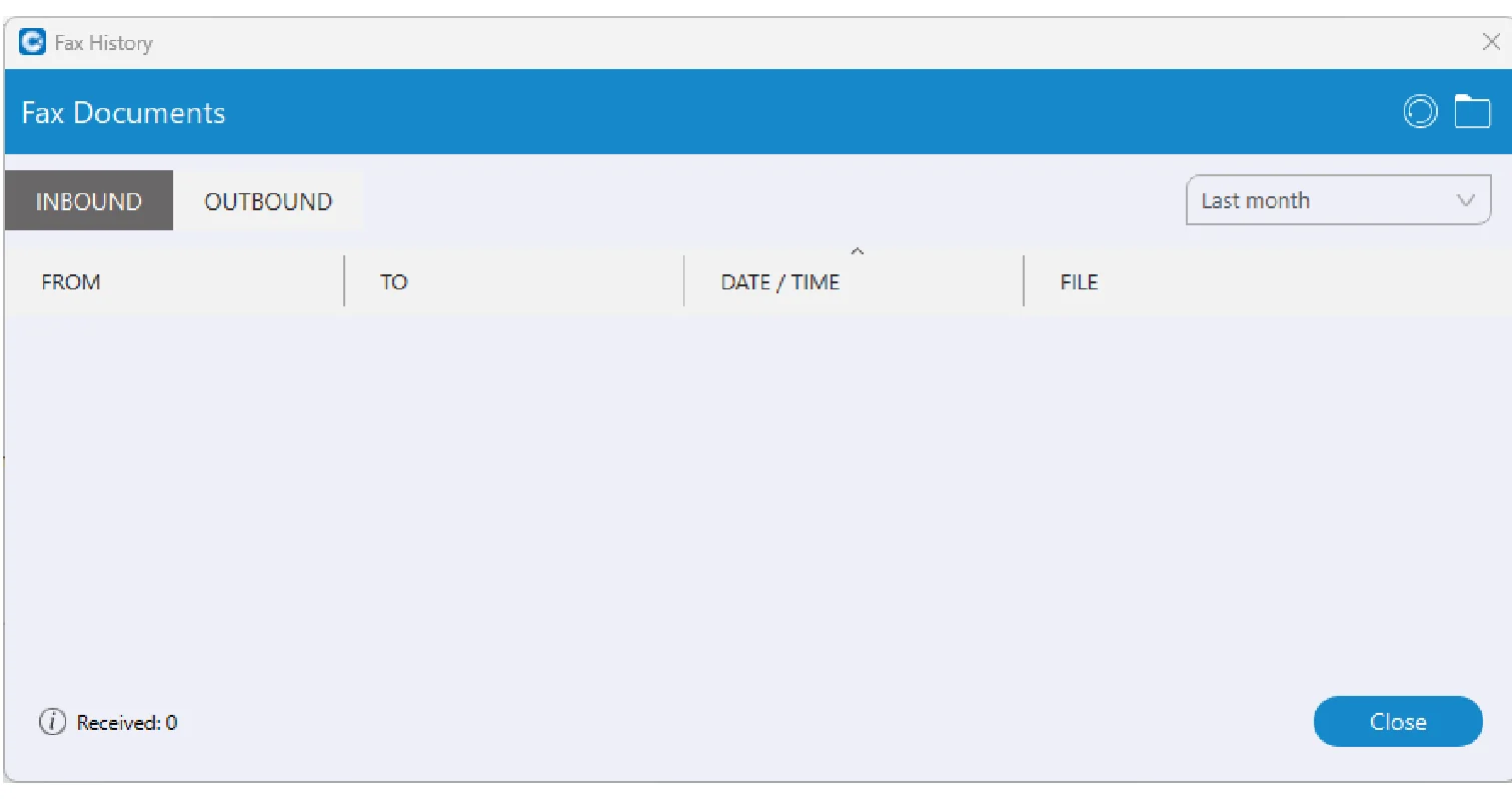 The Fax Documents window with Inbound and Outbound tabs and columns for From, To, Date and Time, and File
