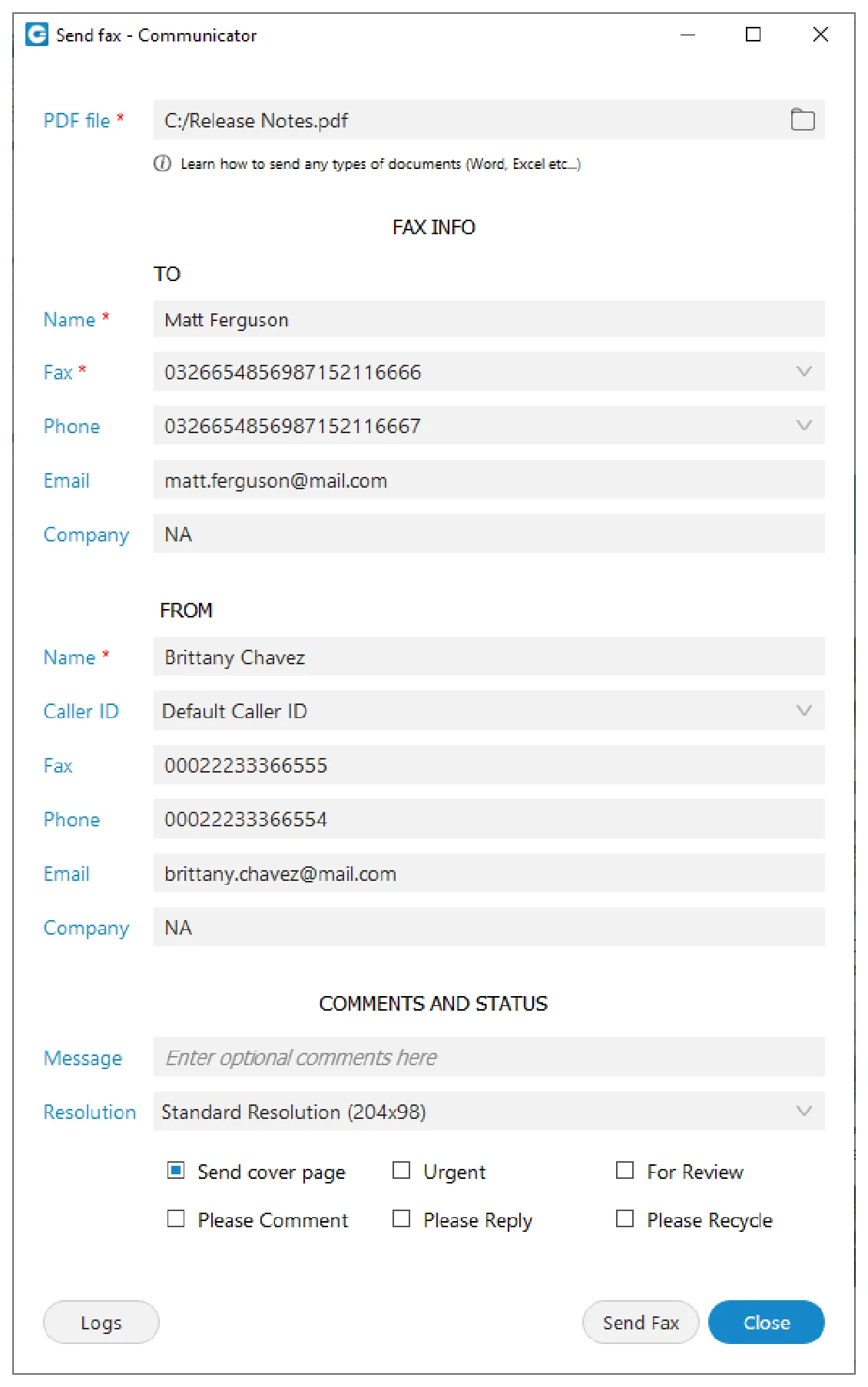 The Send Fax window with a PDF file selected, a TO section with Name and Fax marked required, a FROM section with a Caller ID dropdown, cover page options and a Send Fax button