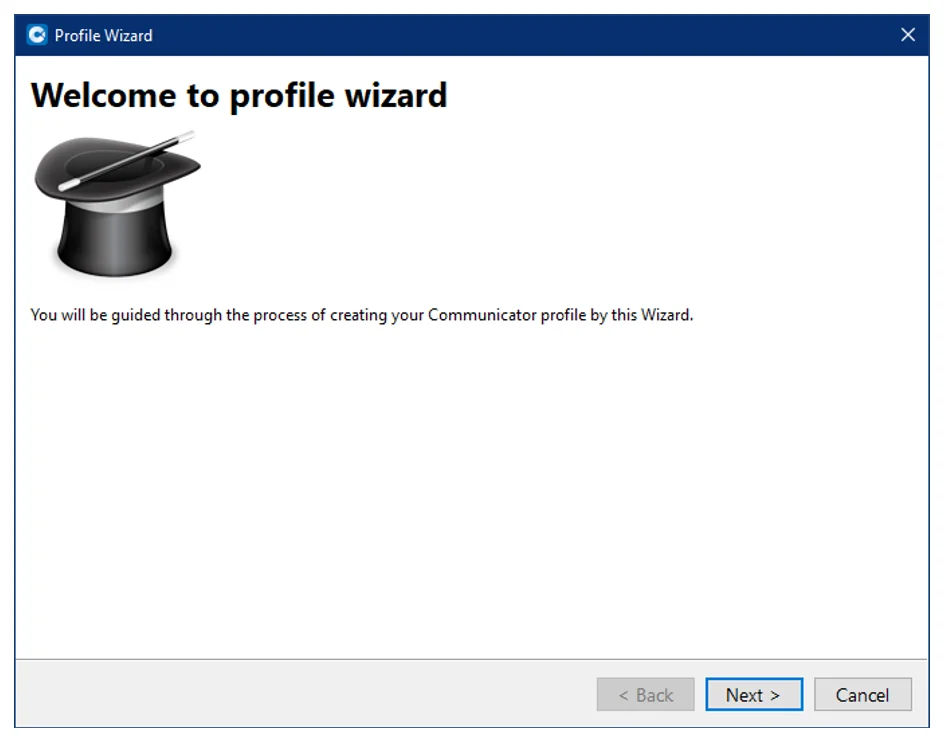 The Profile Wizard welcome window with Back, Next and Cancel buttons