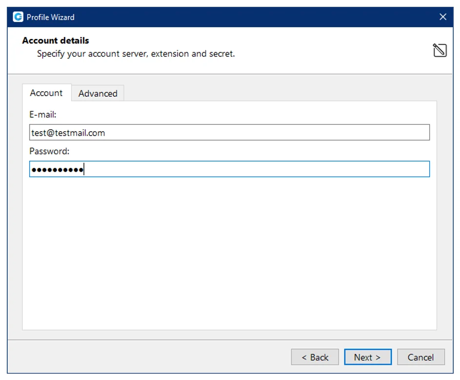 The Account details screen showing the E-mail and Password fields on the Account tab