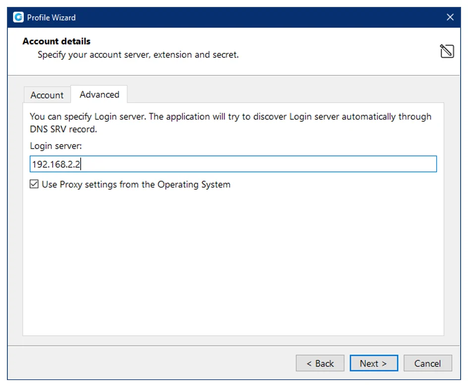 The Advanced tab of the Account details screen with the Login server field filled in