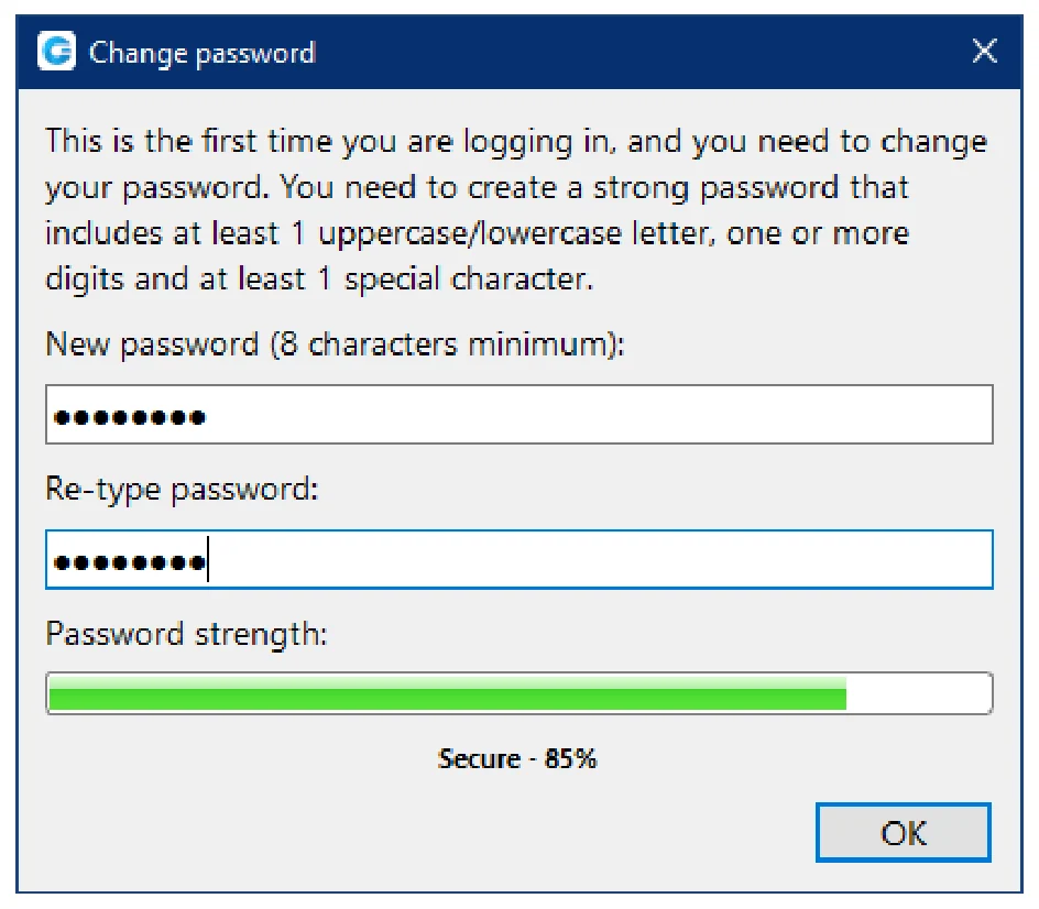 The Change password window with new password and re-type password fields and a password strength bar