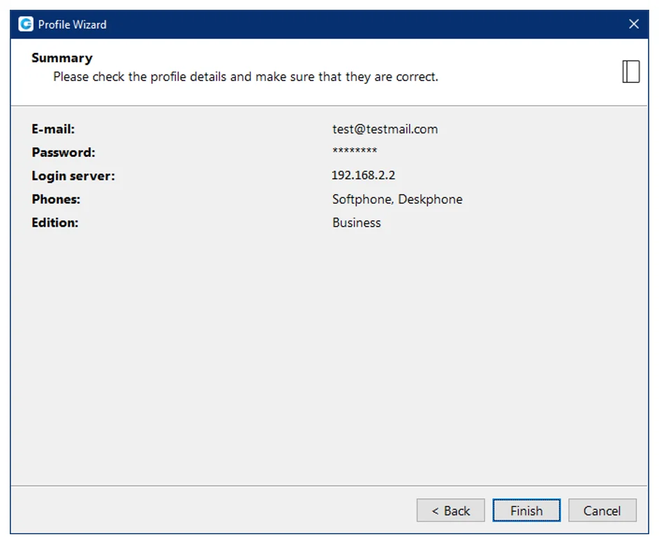 The Summary screen listing email, password, login server, phones and edition, with a Finish button