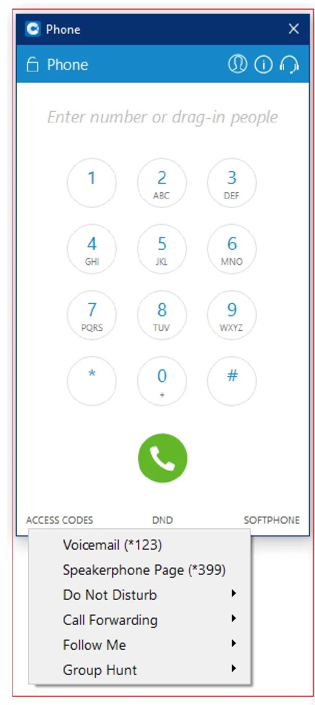 The BoomTalk phone keypad with the Access Codes menu open showing the Voicemail star-123 option and a green call button