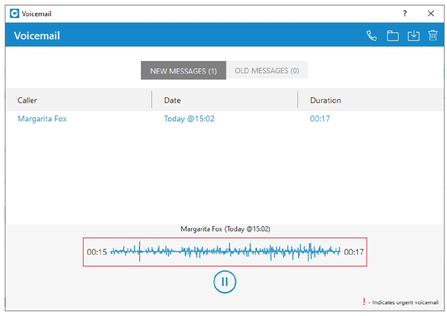 The BoomTalk Voicemail window showing New and Old message tabs, a message list with caller, date and duration, and a waveform player