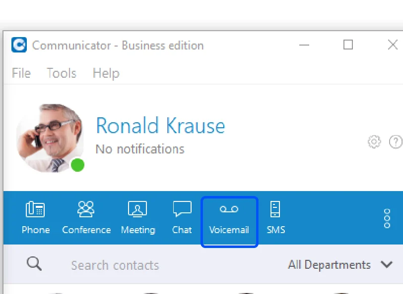 The BoomTalk toolbar with the Voicemail button highlighted, next to Phone, Conference, Meeting, Chat and SMS